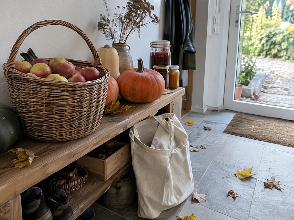 Weidenkorb mit Äpfeln und Kürbissen auf einem Holzregal im Hausflur